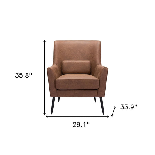 29" Brown And Black Faux Leather And Upholstered Arm Chair And Toss Pillow