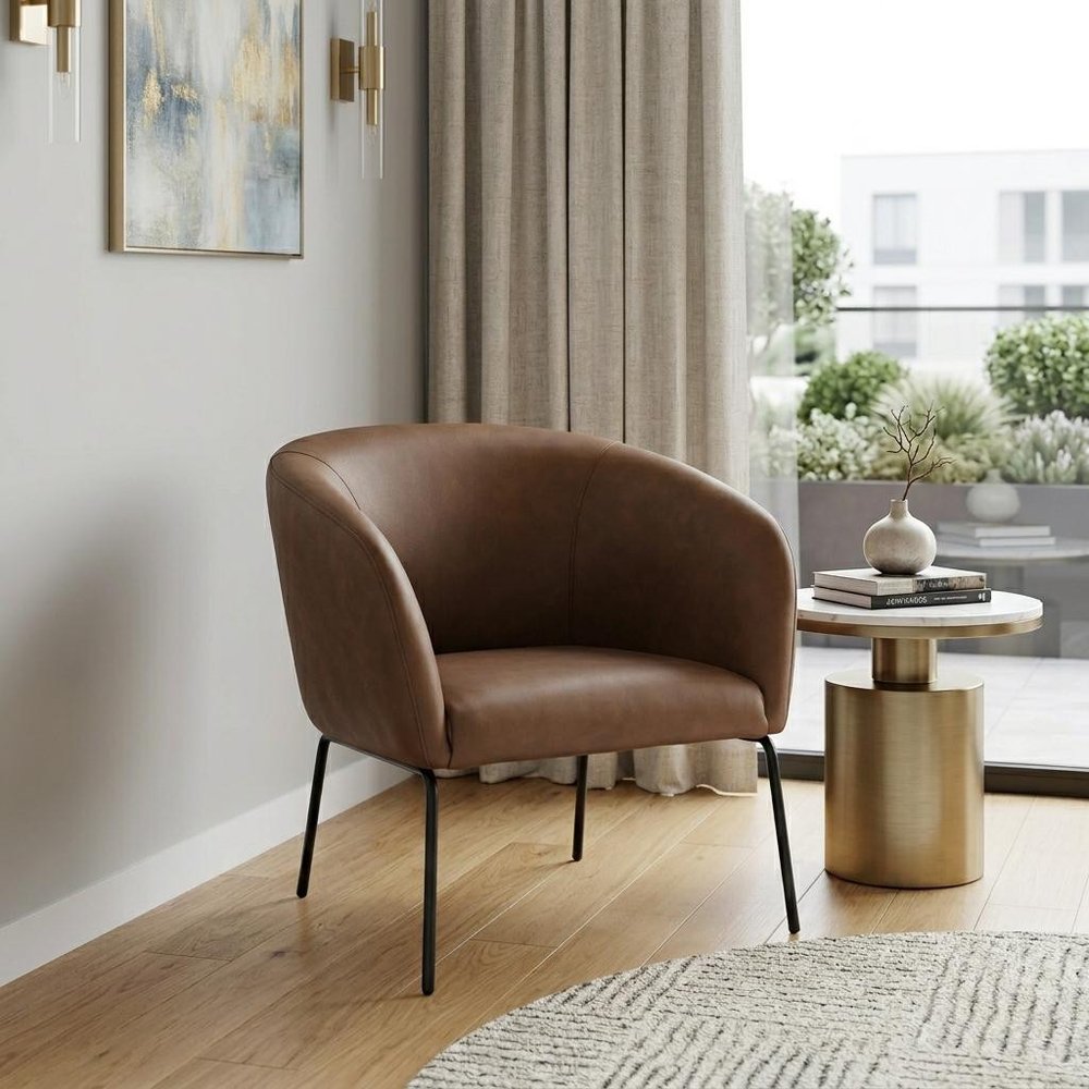 28" Brown And Black Faux Leather And Upholstered Club Chair