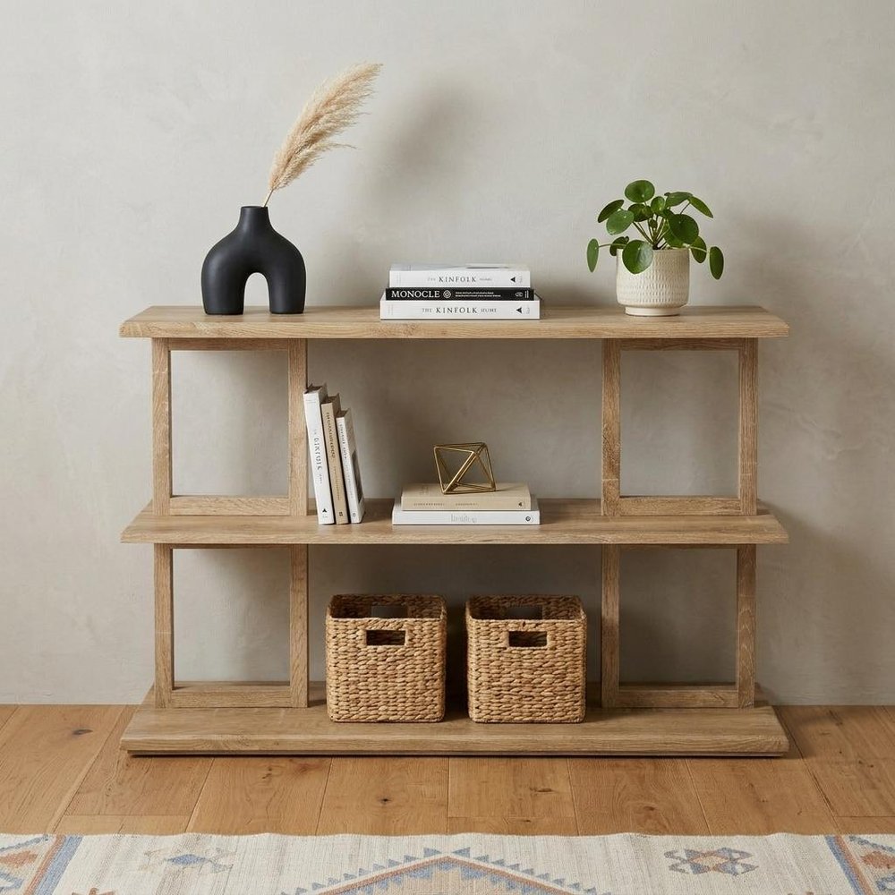 42" Natural Wood Floor Shelf Console Table With Two Shelves