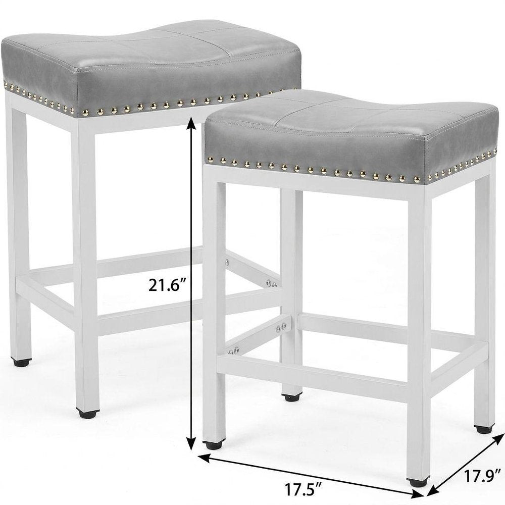Set of Two 22" Gray and White Faux Leather and Steel Backless Bar Chairs