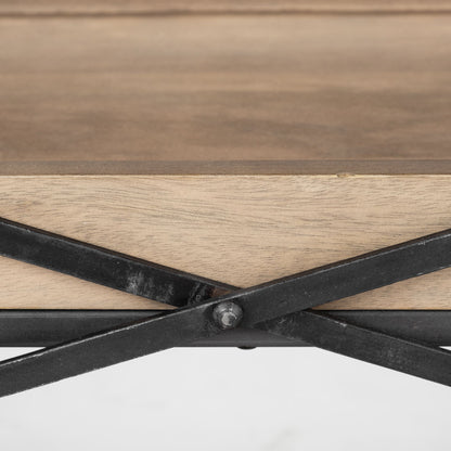 80" Light Brown and Black Solid Wood and Iron Console Table With Two Shelves