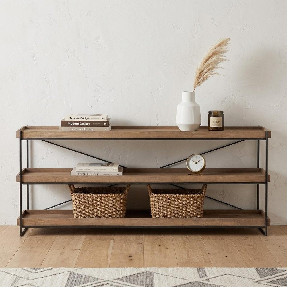 80" Light Brown and Black Solid Wood and Iron Console Table With Two Shelves
