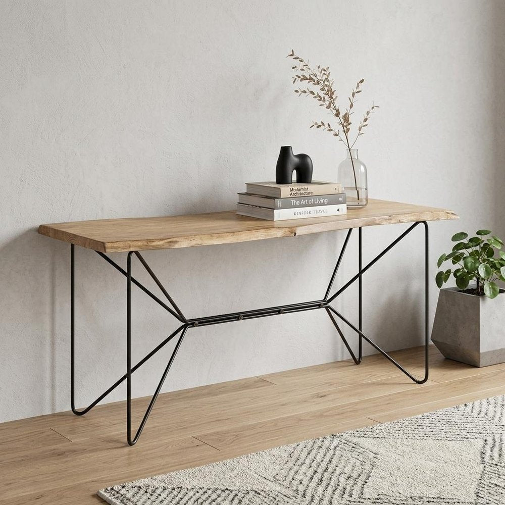 66" Natural and Black Solid Wood and Iron Distressed Abstract Console Table