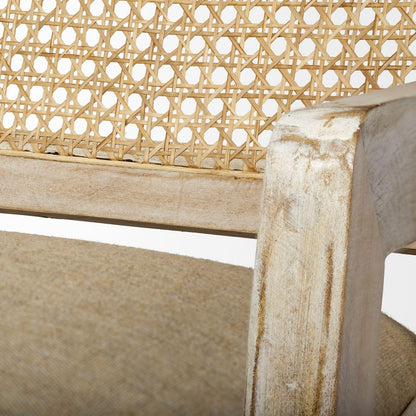 28" Cream and Natural Fabric Distressed Arm Chair