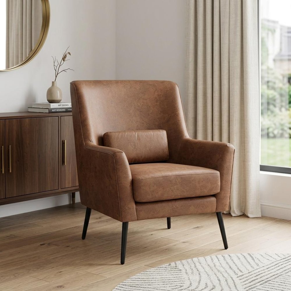 29" Brown And Black Faux Leather And Upholstered Arm Chair And Toss Pillow