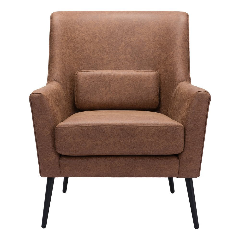 29" Brown And Black Faux Leather And Upholstered Arm Chair And Toss Pillow