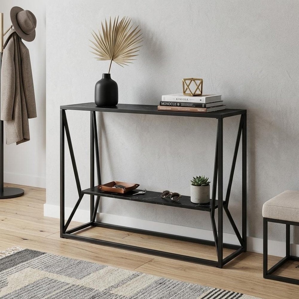 42" Black Glass and Metal A Frame Console Table With Shelf