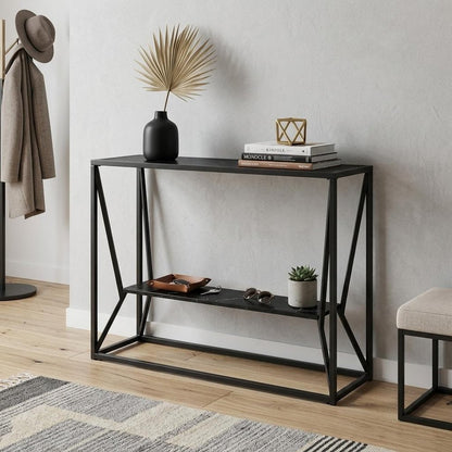 42" Black Glass and Metal A Frame Console Table With Shelf