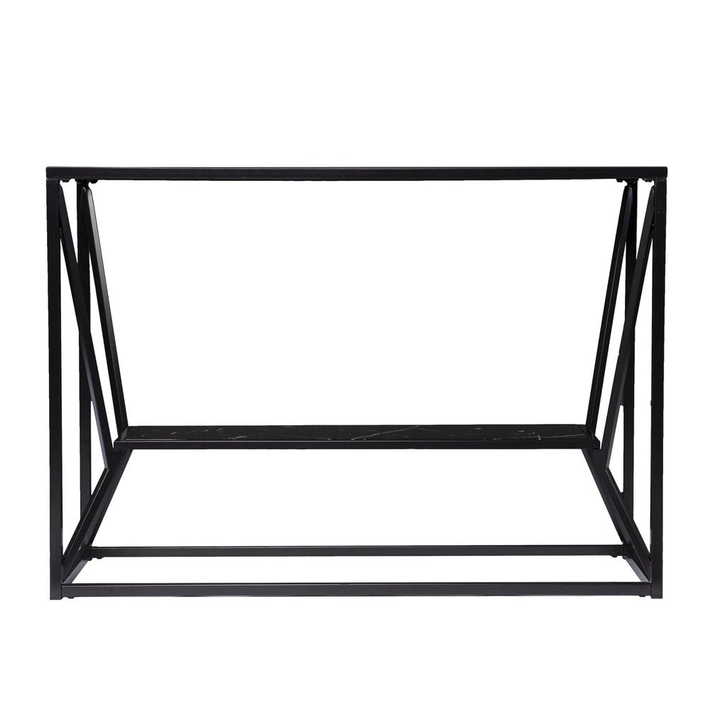 42" Black Glass and Metal A Frame Console Table With Shelf, view 2