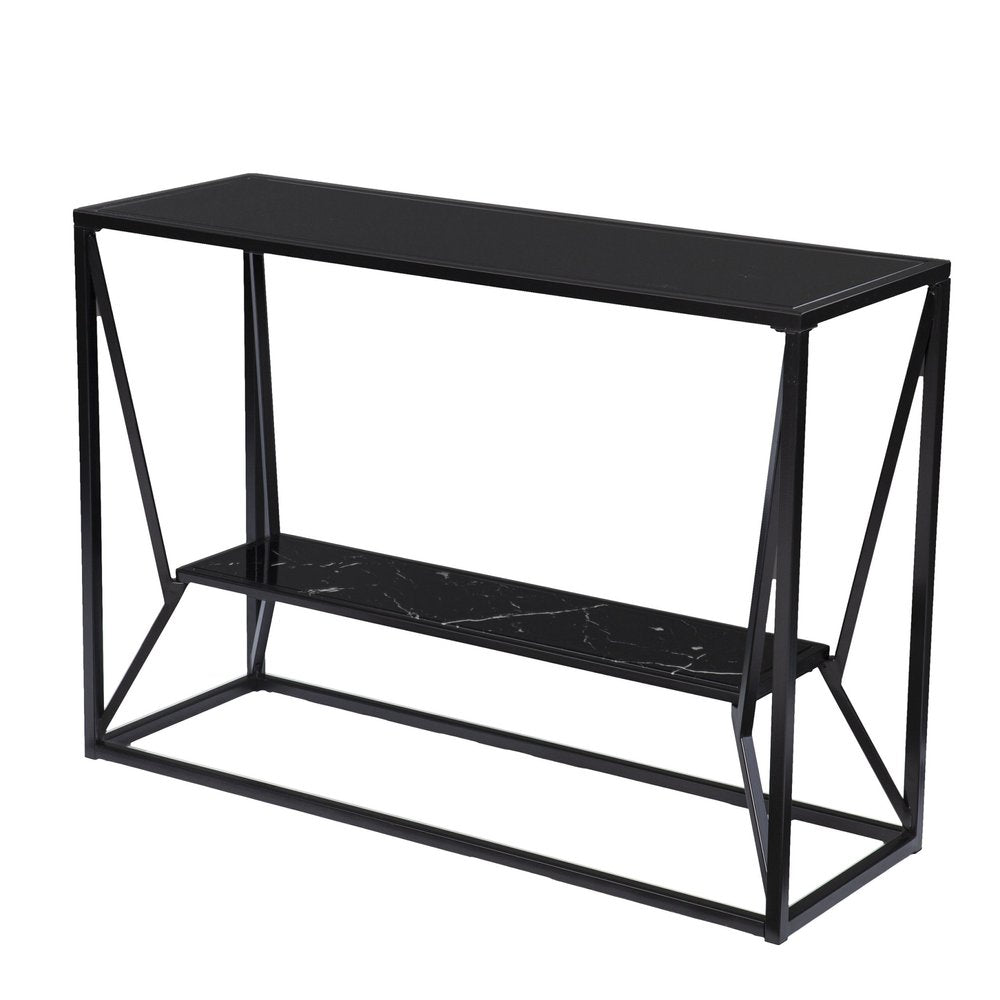42" Black Glass and Metal A Frame Console Table With Shelf, view 3