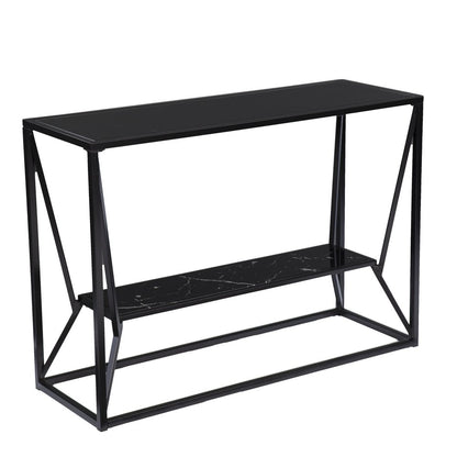42" Black Glass and Metal A Frame Console Table With Shelf