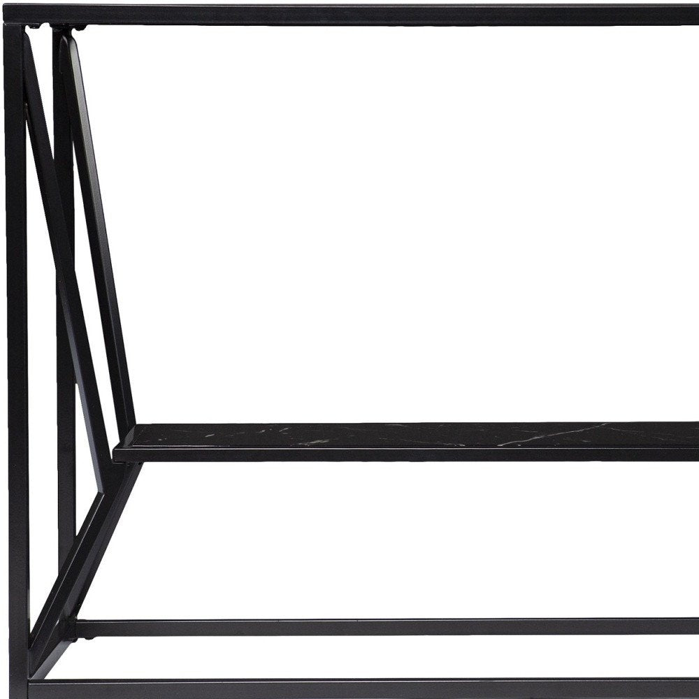 42" Black Glass and Metal A Frame Console Table With Shelf
