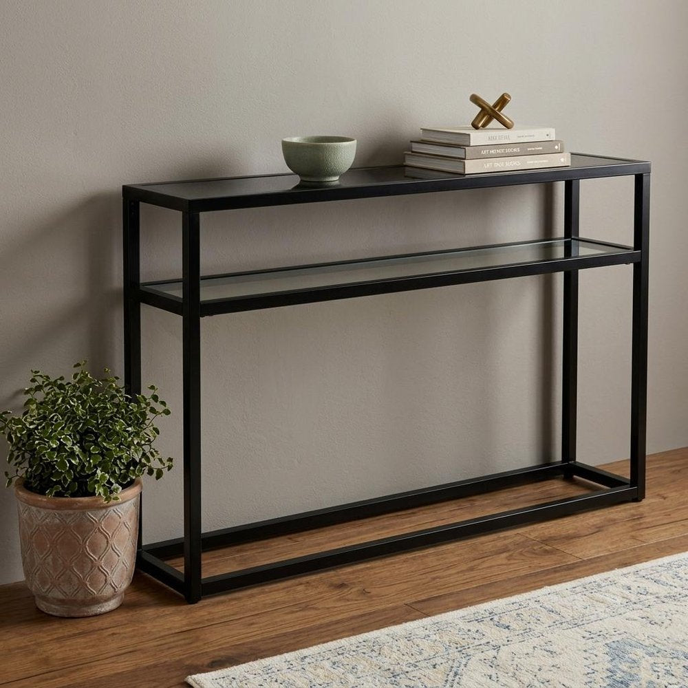 50" Black Glass Frame Console Table With Shelves