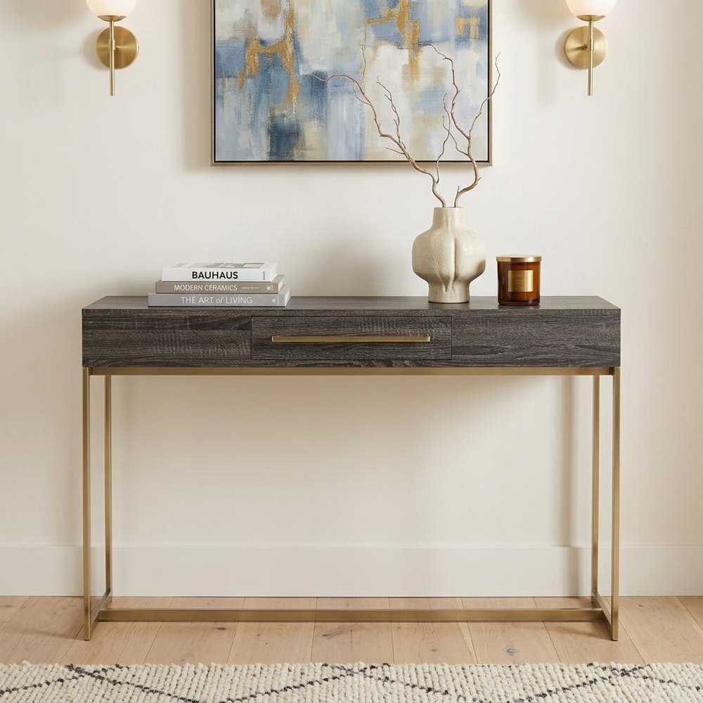 48" Gray and Gold Wood and Metal Frame Console Table With Drawer