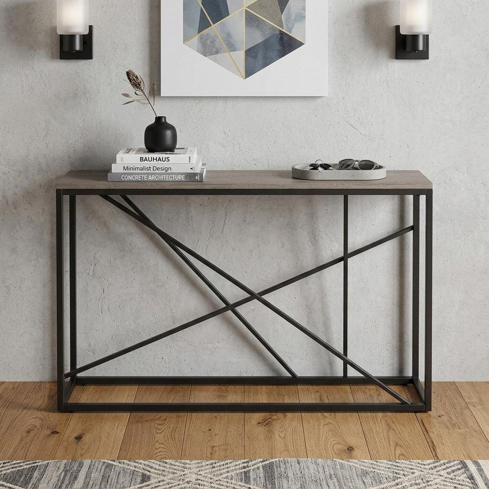 52" Taupe and Gray Faux Stone Frame Console Table