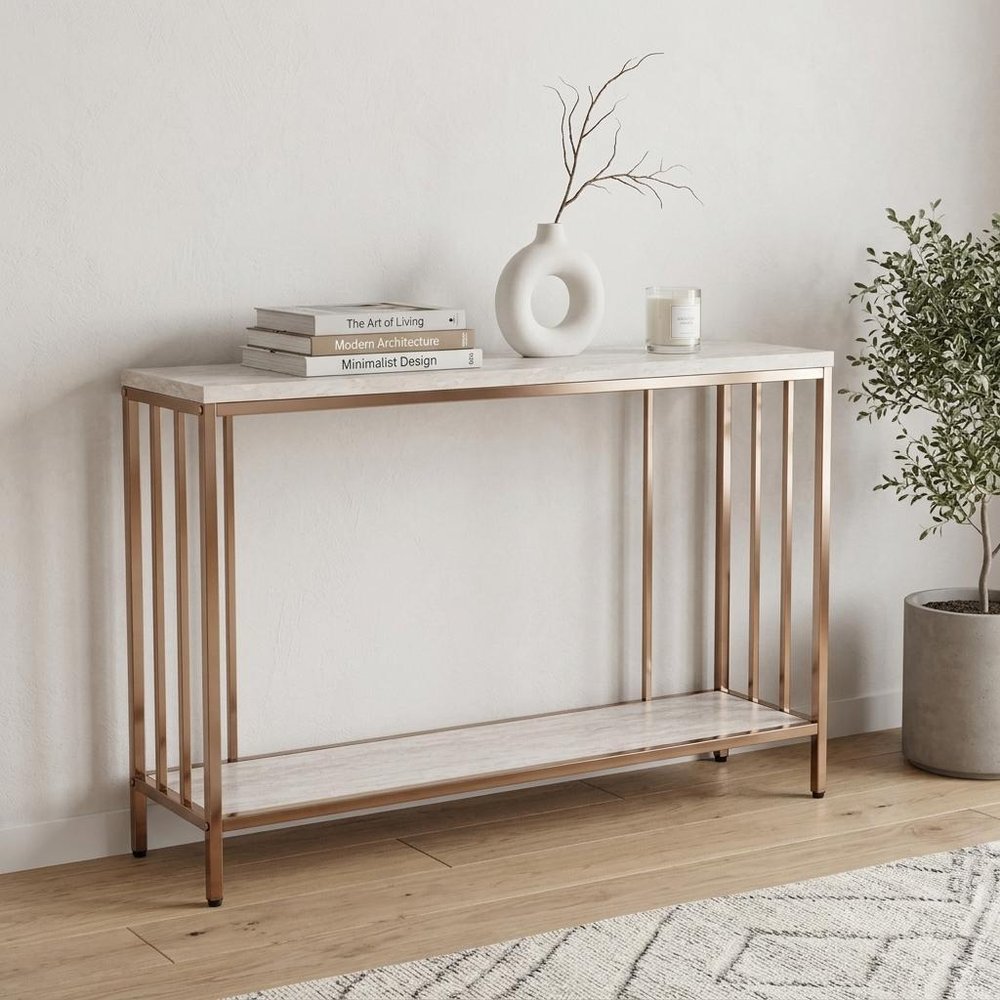 48" Champagne and Gold Faux Stone Floor Shelf Console Table With Storage