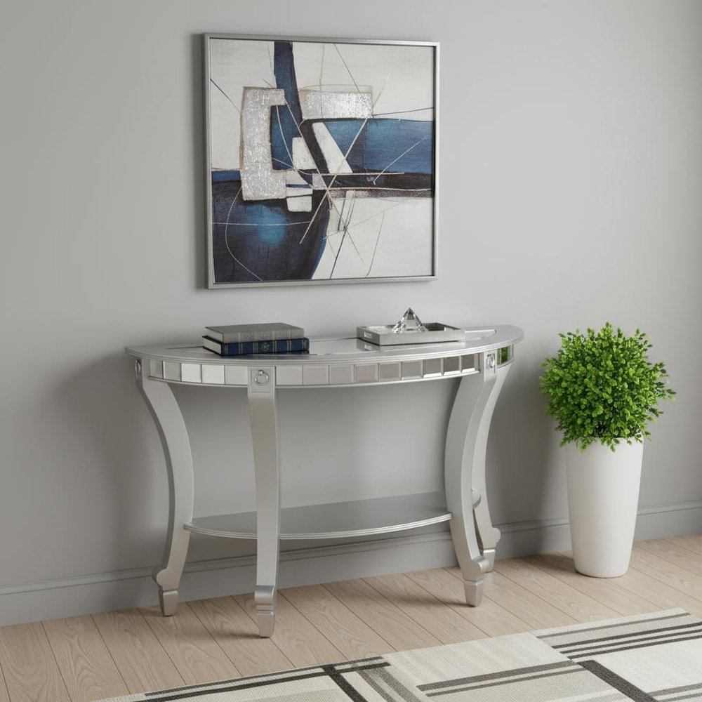 46" Silver Mirrored Glass Half Circle Console Table With Storage