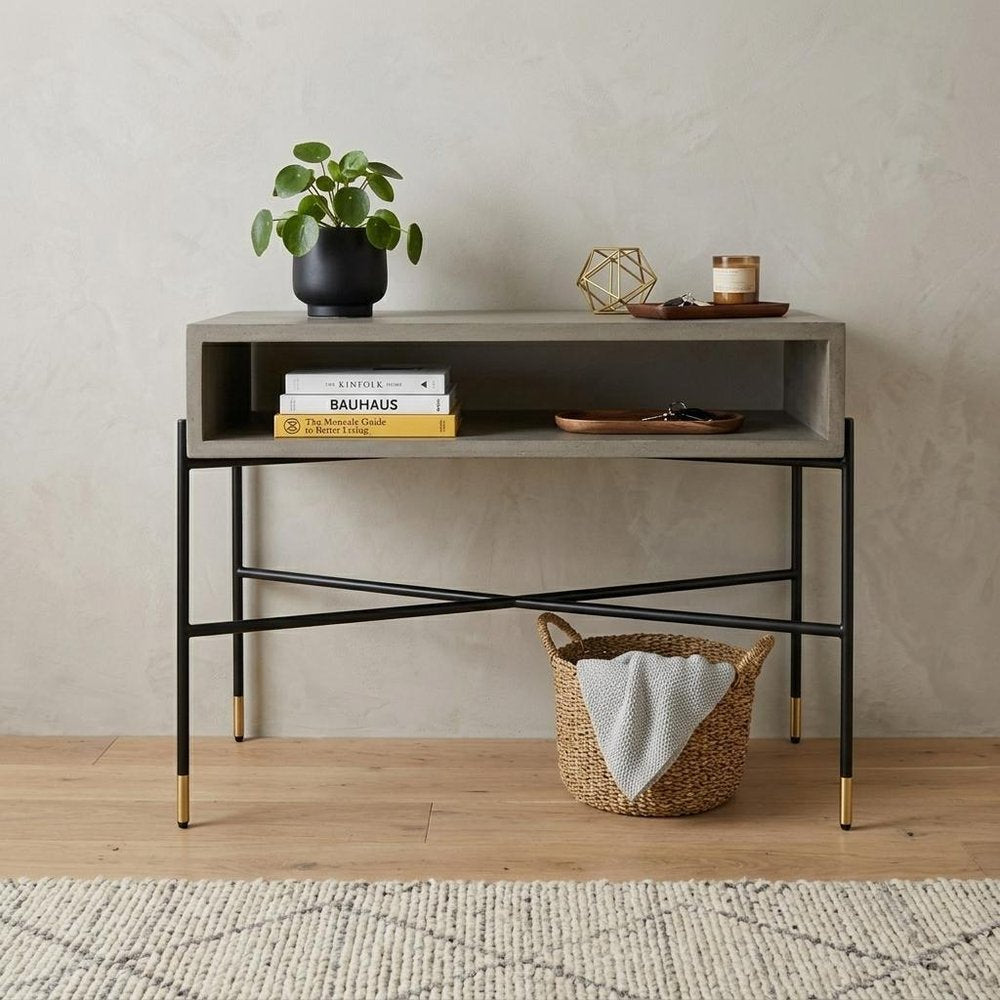 45" Gray and Black Concrete and Iron Console Table