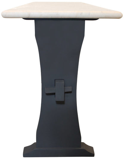 70" Ivory and Black Genuine Marble and Solid Wood Trestle Console Table