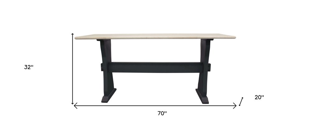 70" Ivory and Black Genuine Marble and Solid Wood Trestle Console Table