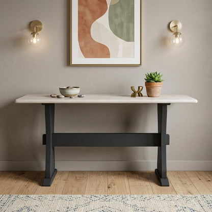 70" Ivory and Black Genuine Marble and Solid Wood Trestle Console Table