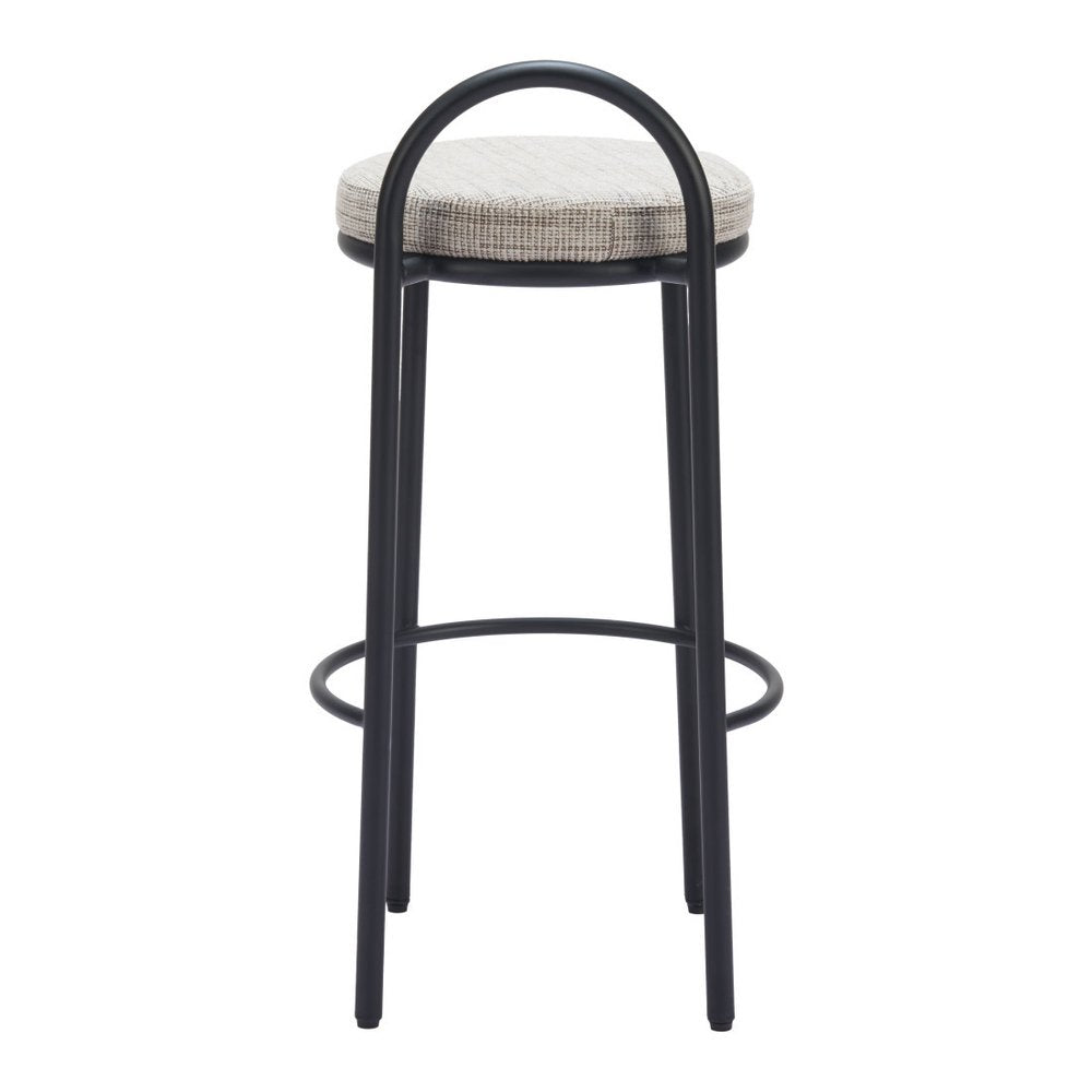 Set of Two 30" Beige and Black Chenille and Steel Low Back Bar Height Bar Chairs