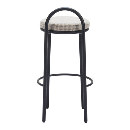 Set of Two 30" Beige and Black Chenille and Steel Low Back Bar Height Bar Chairs