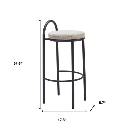 Set of Two 30" Beige and Black Chenille and Steel Low Back Bar Height Bar Chairs