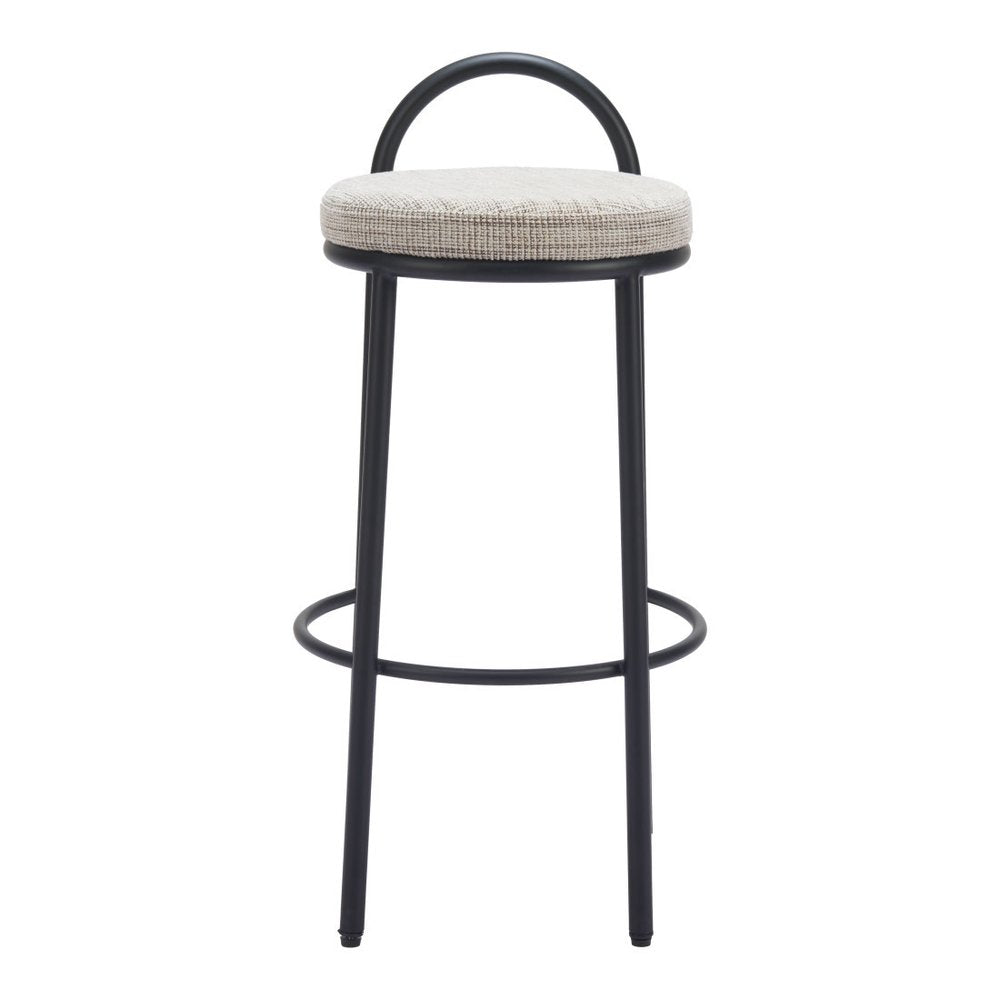 Set of Two 30" Beige and Black Chenille and Steel Low Back Bar Height Bar Chairs