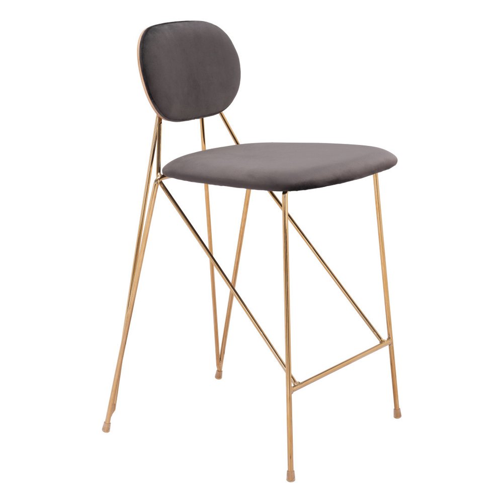Set of Two 26" Gray and Gold Velvet and Steel Low Back Counter Height Bar Chairs