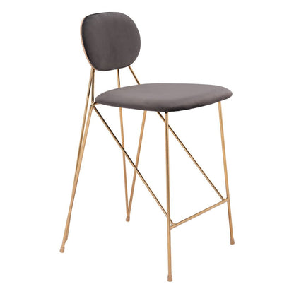 Set of Two 26" Gray and Gold Velvet and Steel Low Back Counter Height Bar Chairs