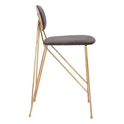 Set of Two 26" Gray and Gold Velvet and Steel Low Back Counter Height Bar Chairs
