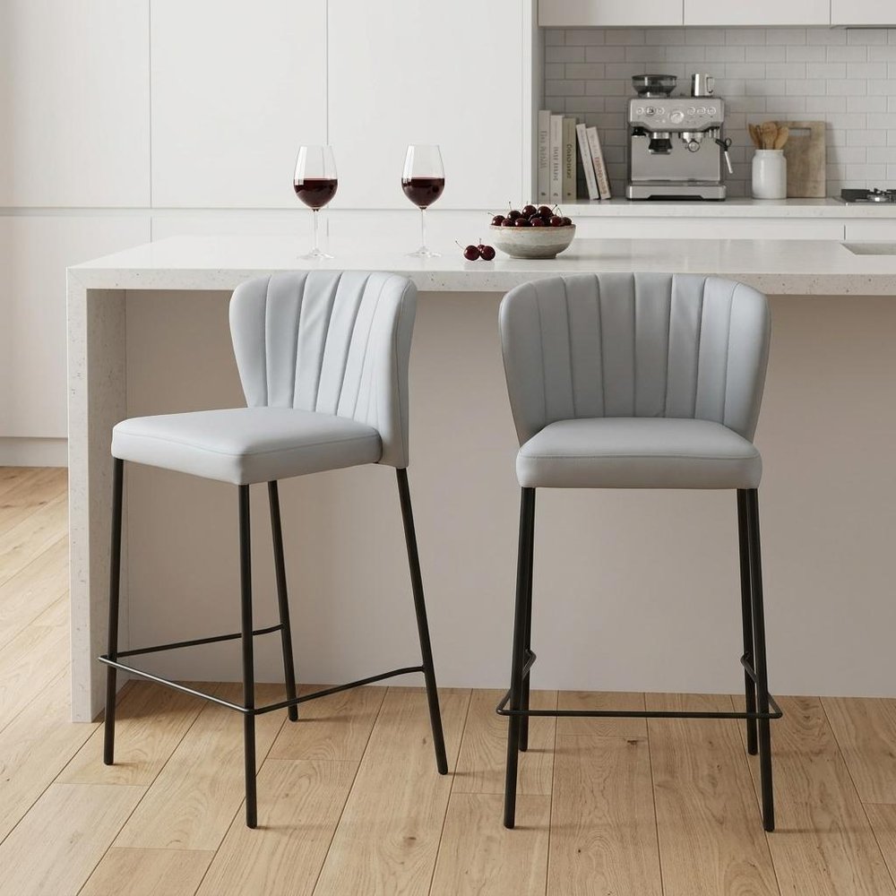 Set of Two 26" Gray And Black Faux Leather And Steel Counter Height Bar Chairs