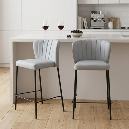 Set of Two 26" Gray And Black Faux Leather And Steel Counter Height Bar Chairs