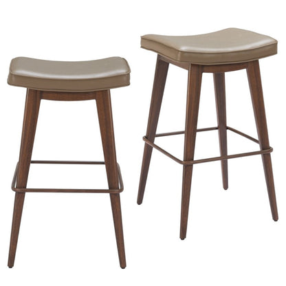 Set of Two 31" Taupe and Walnut Faux Leather and Steel Backless Bar Height Bar Chairs