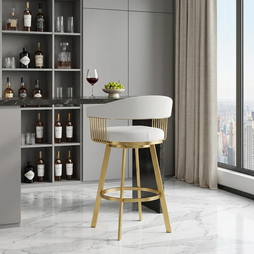 30" Silver and Gold Fabric and Stainless Steel Low Back Bar Height Swivel Bar Chair