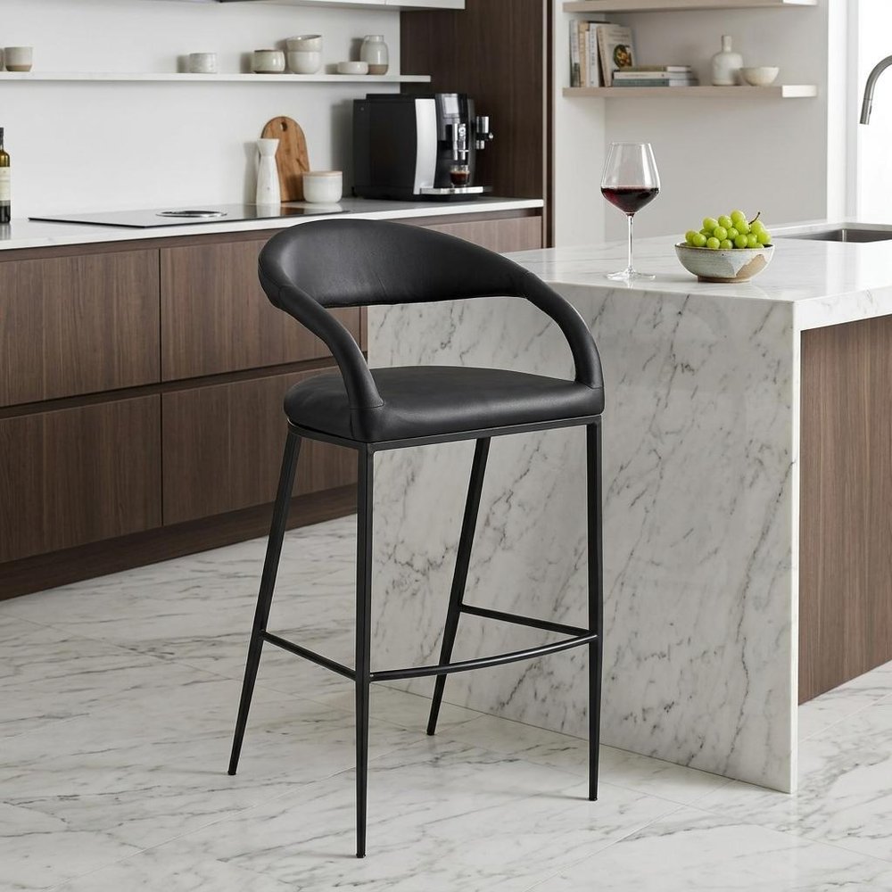 26" Black Faux Leather and Iron Low Back Counter Height Bar Chair
