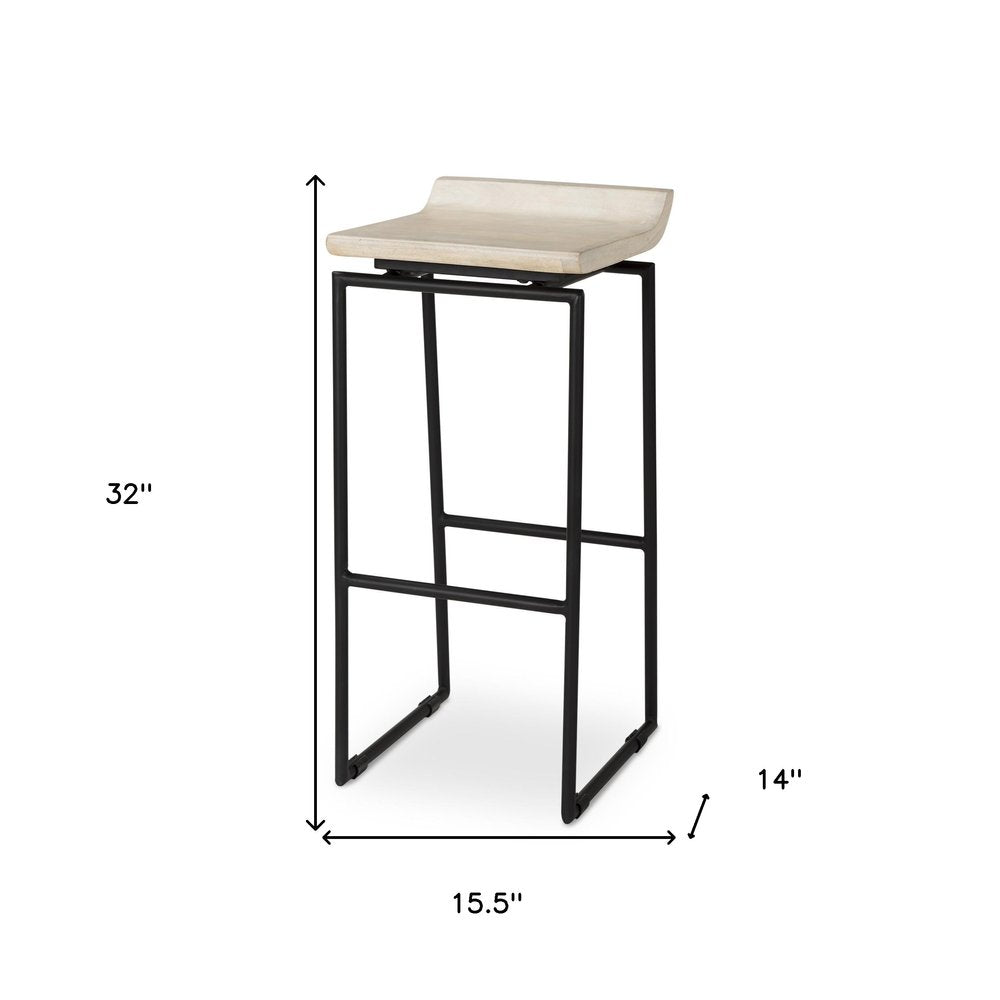 31" Natural and Black Solid Wood and Metal Low Back Bar Height Bar Chair
