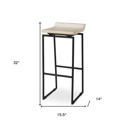 31" Natural and Black Solid Wood and Metal Low Back Bar Height Bar Chair