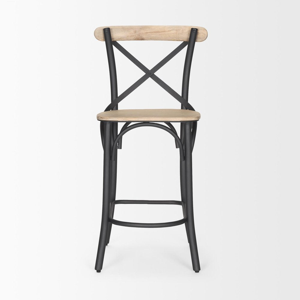 26" Natural and Gray Solid Wood and Iron Counter Height Bar Chair
