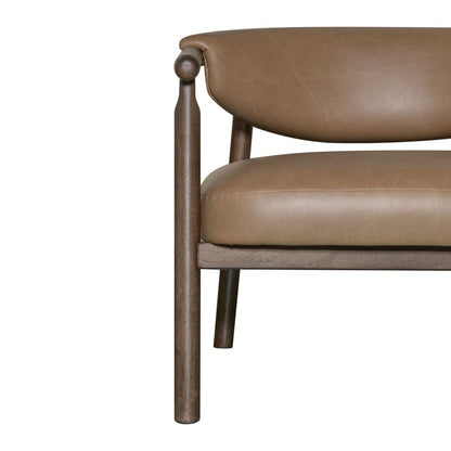 33" Brown and Dark Brown Faux Leather And Wood Arm Chair