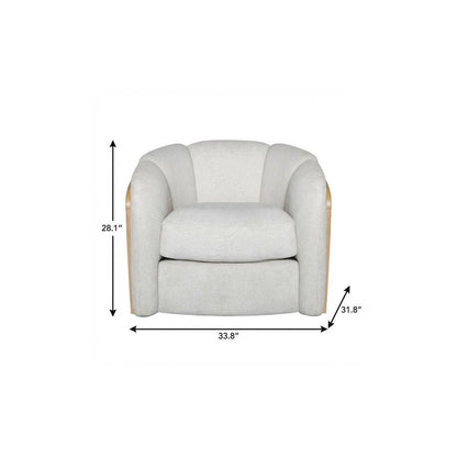 34" Off White and Natural Fabric Wood And Rattan Swivel Arm Chair