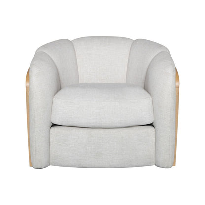 34" Off White and Natural Fabric Wood And Rattan Swivel Arm Chair