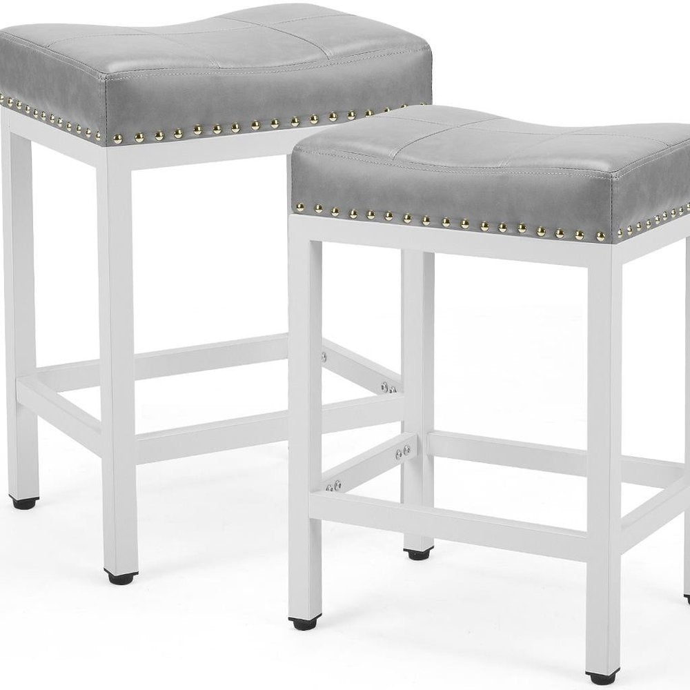 Set of Two 22" Gray and White Faux Leather and Steel Backless Bar Chairs