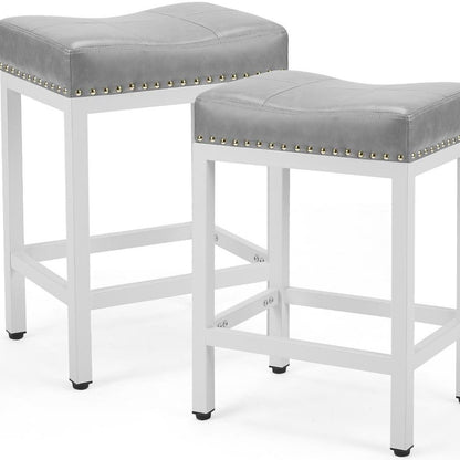 Set of Two 22" Gray and White Faux Leather and Steel Backless Bar Chairs