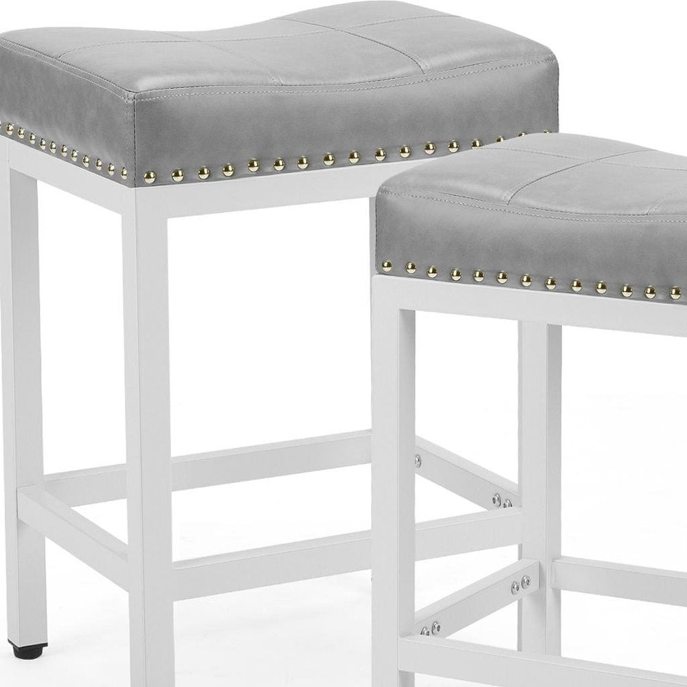 Set of Two 22" Gray and White Faux Leather and Steel Backless Bar Chairs