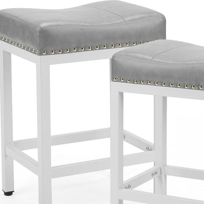 Set of Two 22" Gray and White Faux Leather and Steel Backless Bar Chairs