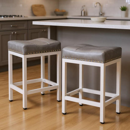 Set of Two 22" Gray and White Faux Leather and Steel Backless Bar Chairs