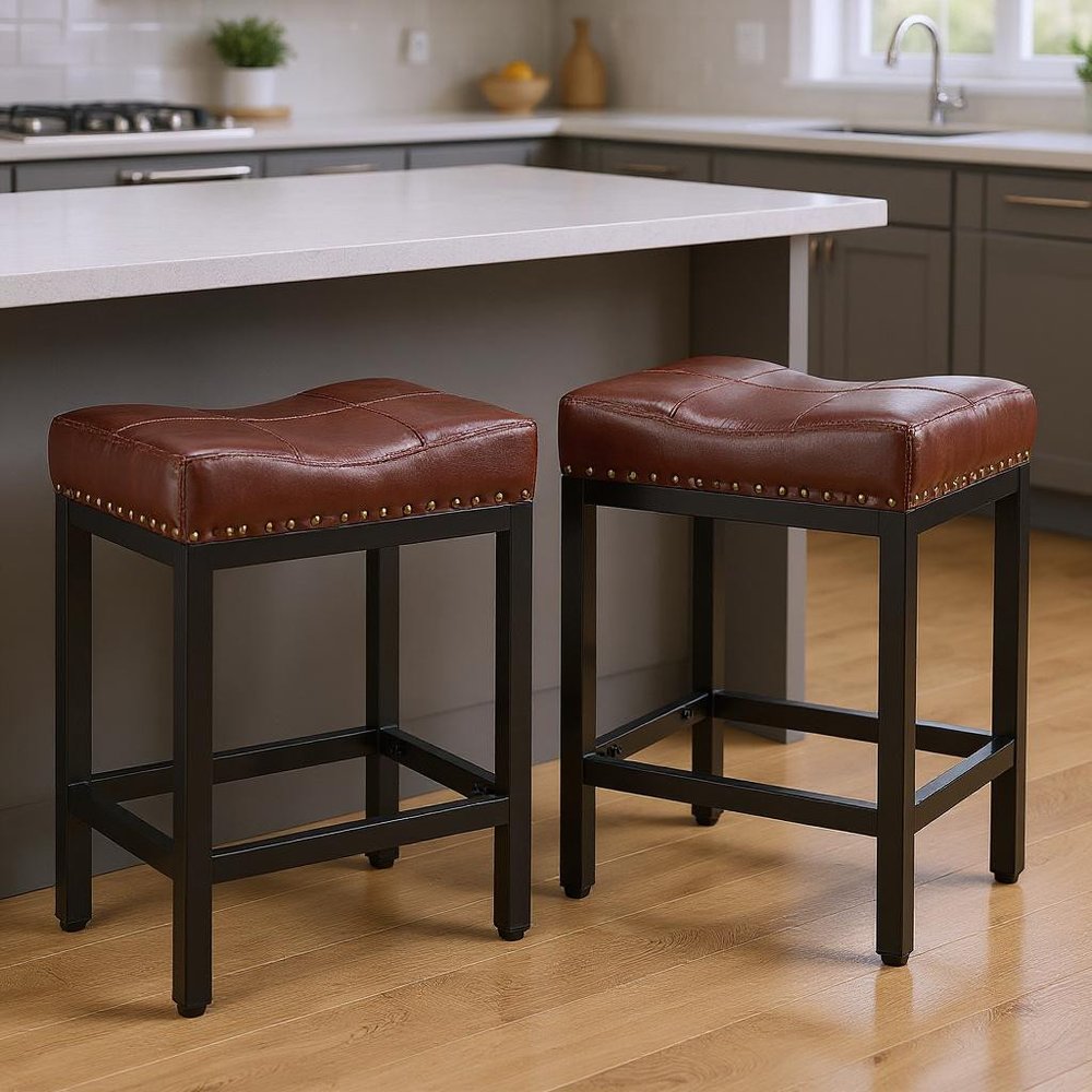 Set of Two 22" Brown and Black Faux Leather and Steel Backless Bar Chairs