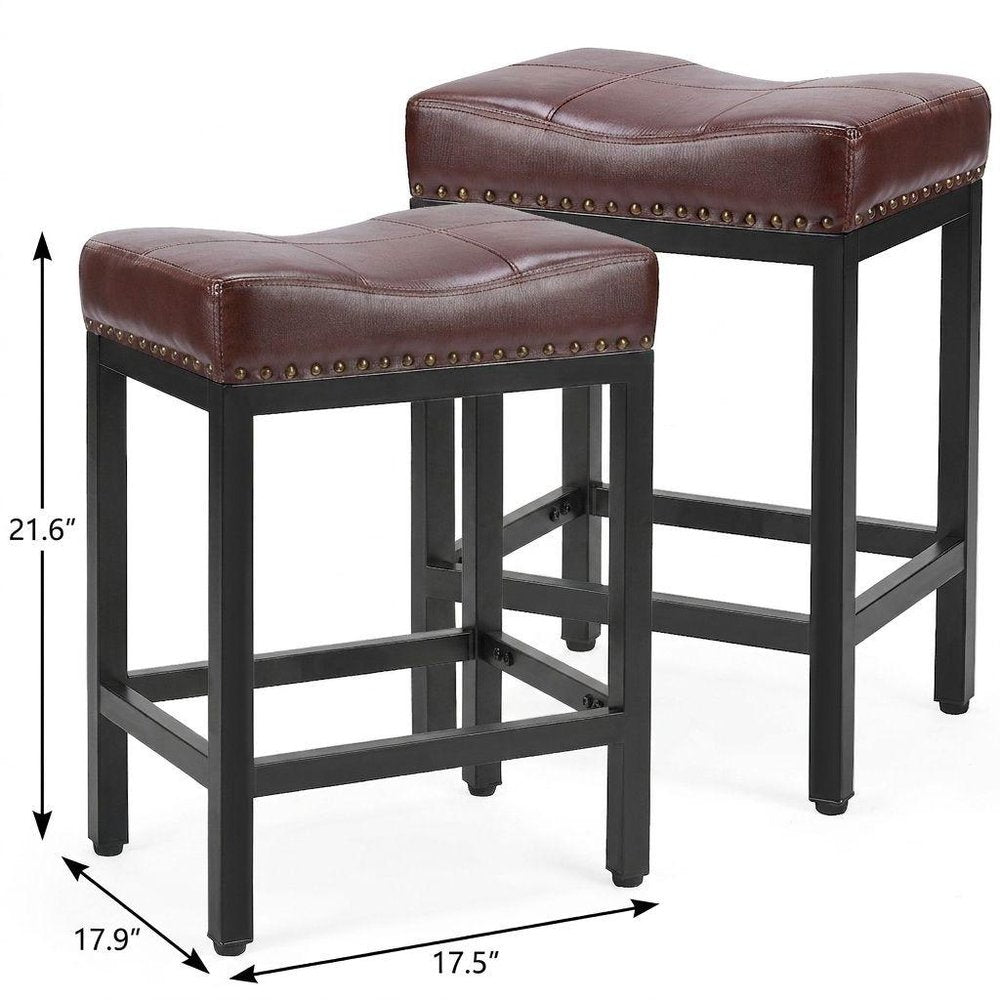 Set of Two 22" Brown and Black Faux Leather and Steel Backless Bar Chairs